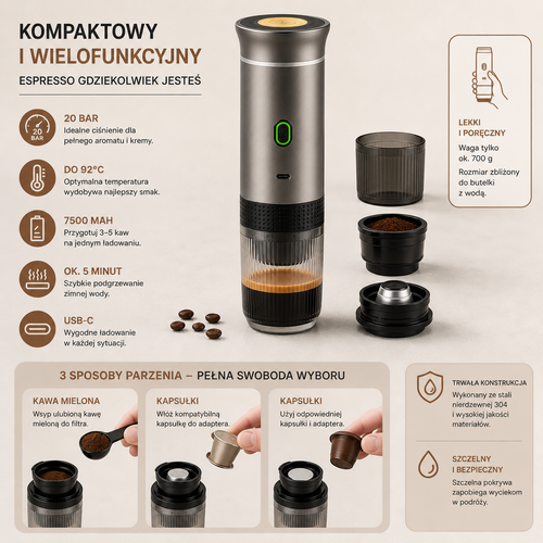 Przenośny Ekspres do Kawy 3w1 – Espresso w Podróży | USB-C | 20 Bar
