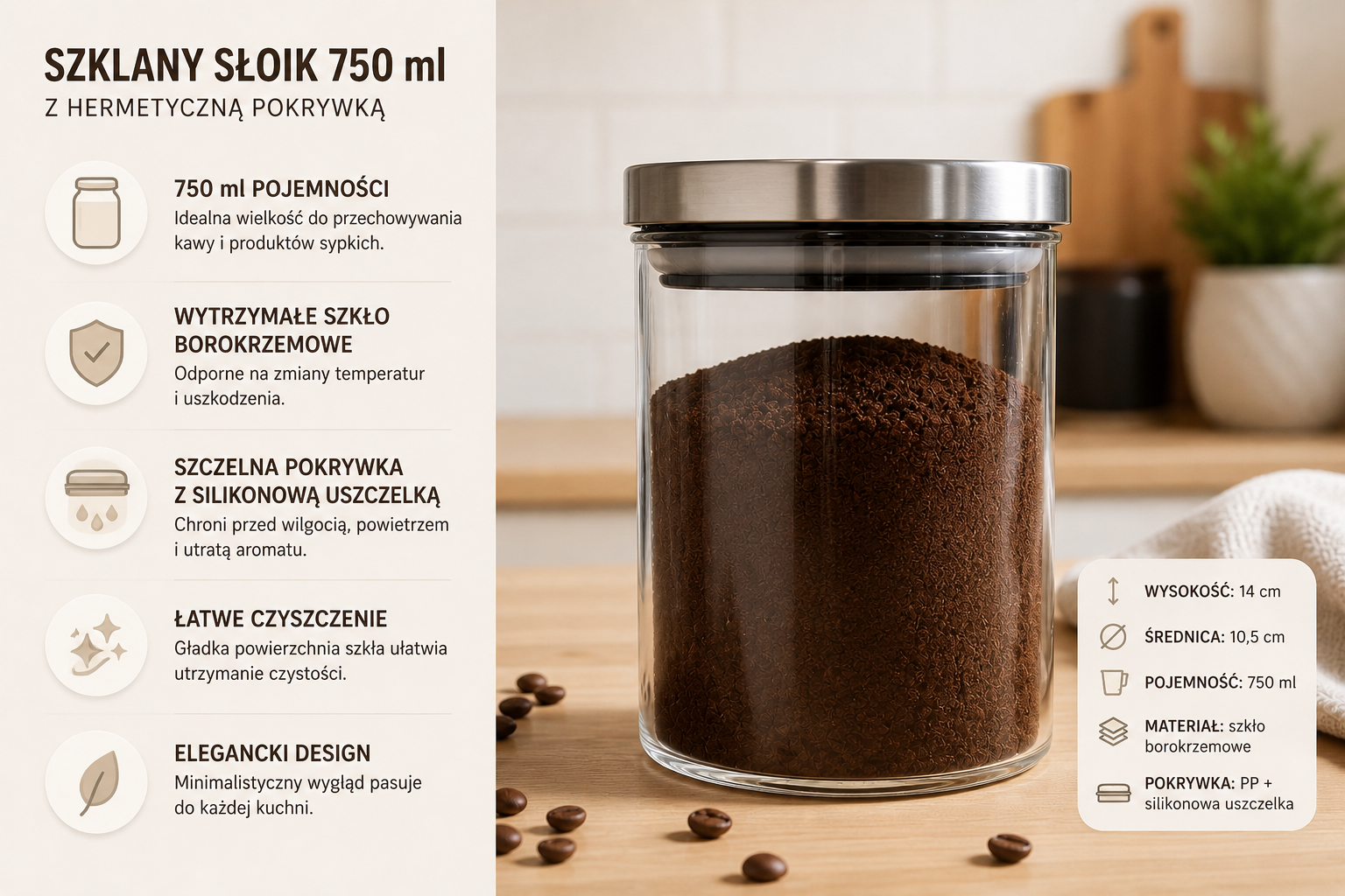 Szklany słoik do przechowywania kawy/żywności 750 ml z hermetyczną pokrywką