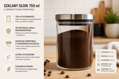 Szklany słoik do przechowywania kawy/żywności 750 ml z hermetyczną pokrywką