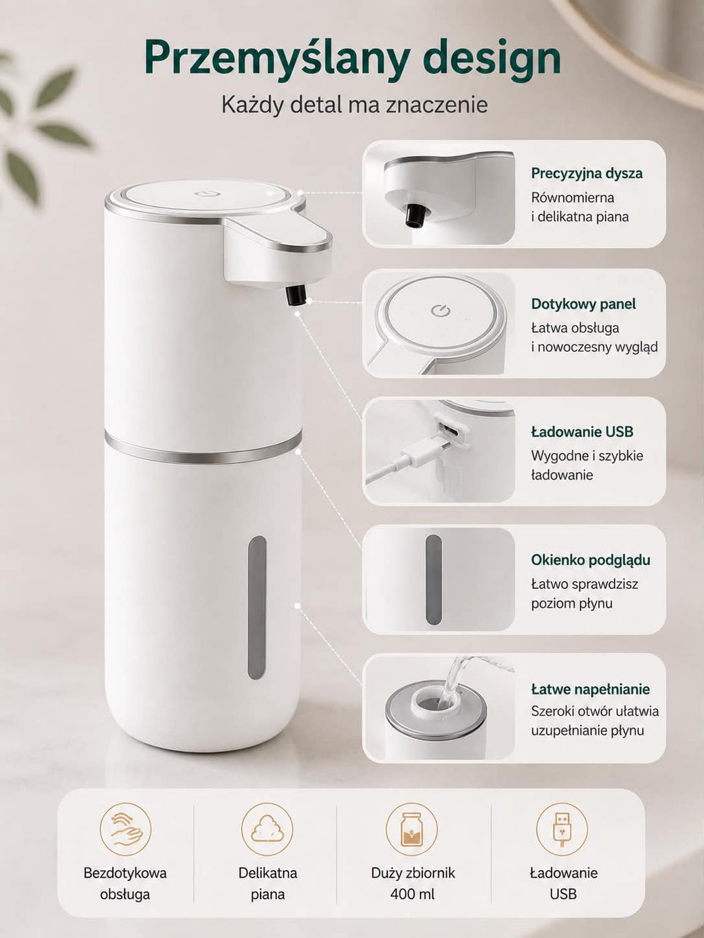Automatyczny Dozownik Piany do Mydła – 400 ml | Bez Dotyku